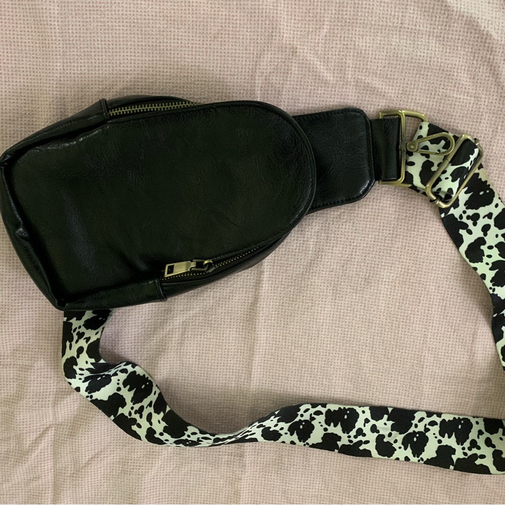 Black Leather Belt Bag with Cow Print Strap